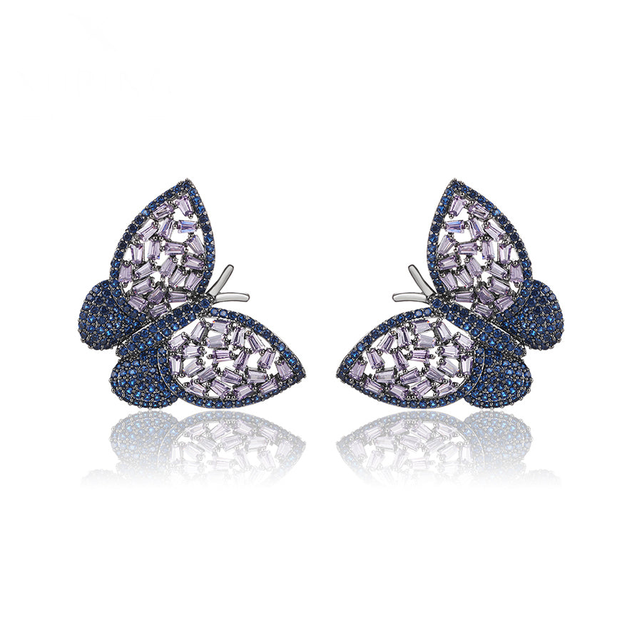 Blue & Purple Gemstone & Cz Diamond Butterfly Earring