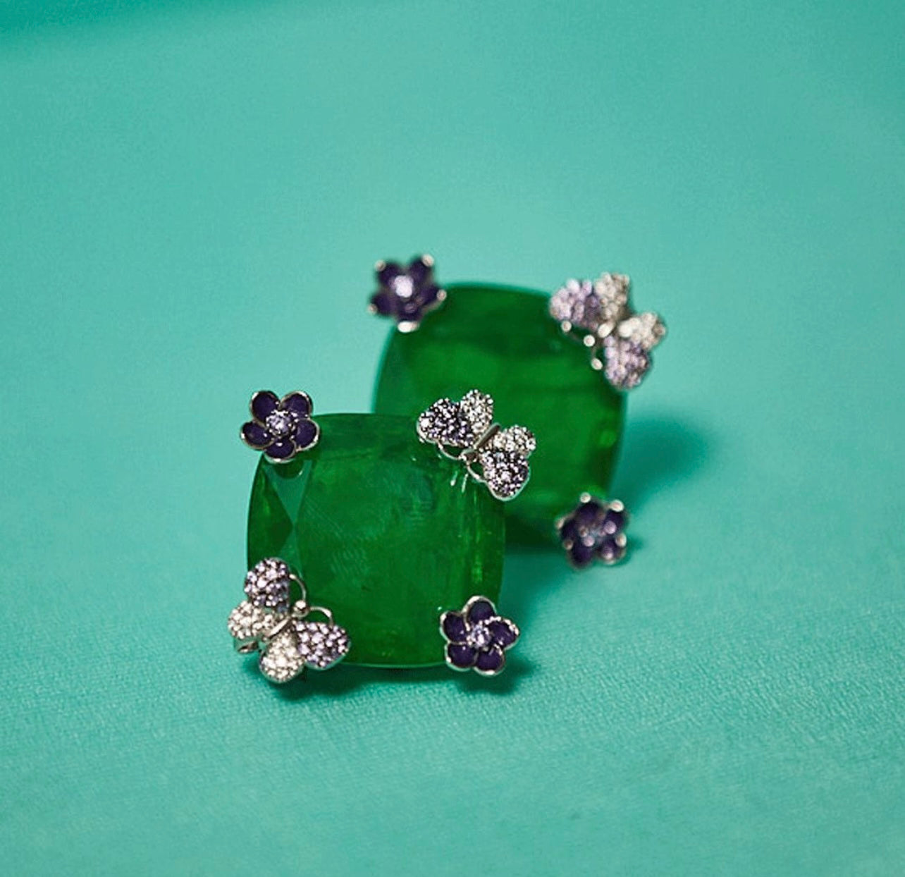 Unique Butterfly & Flower Design Emerald Earring With Ear Cuff