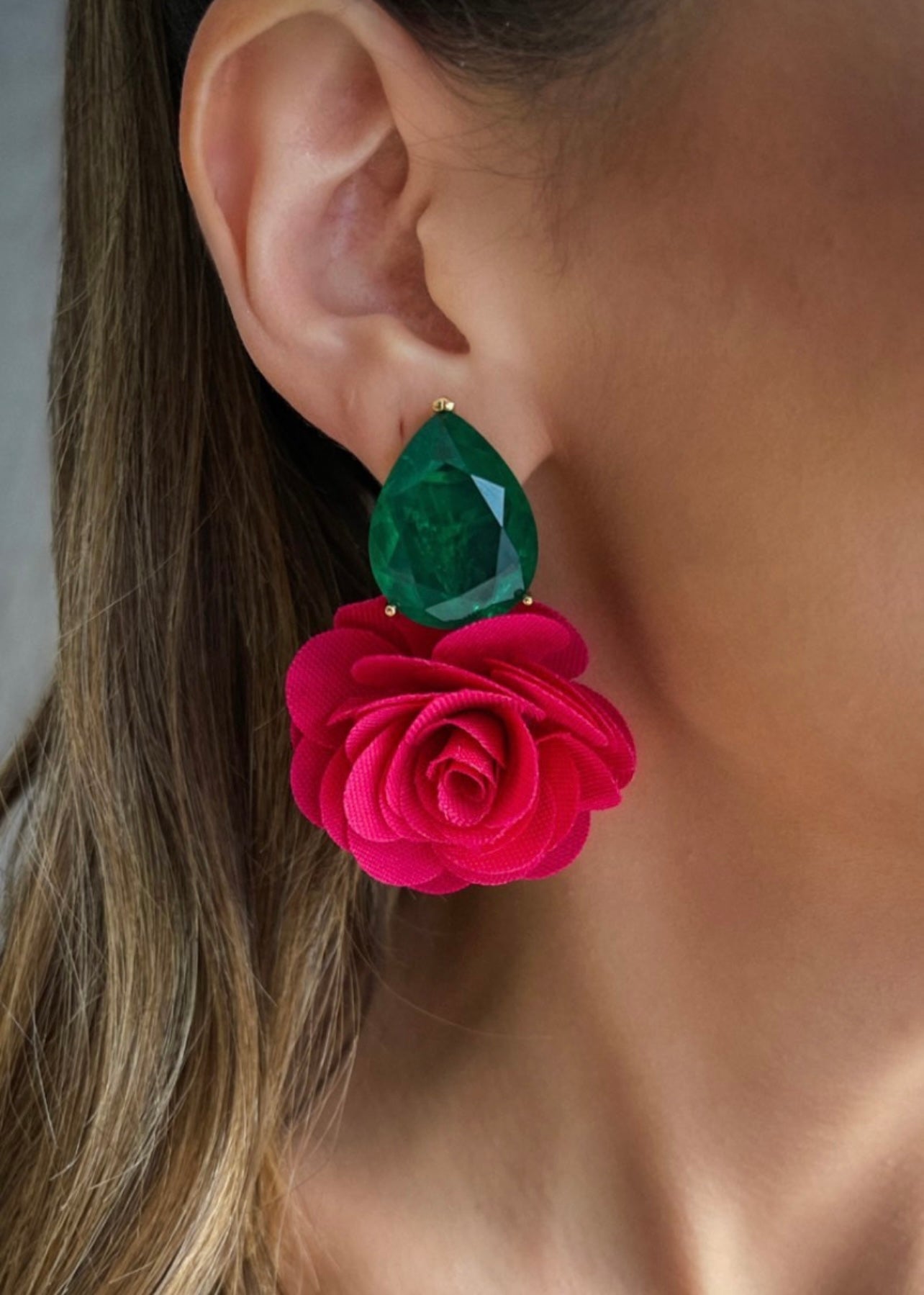 Handmade Magenta Fabric Rose With Emerald Earring