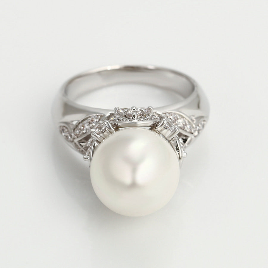 Elegant Pearl & CZ Diamond Rhodium plated Ring