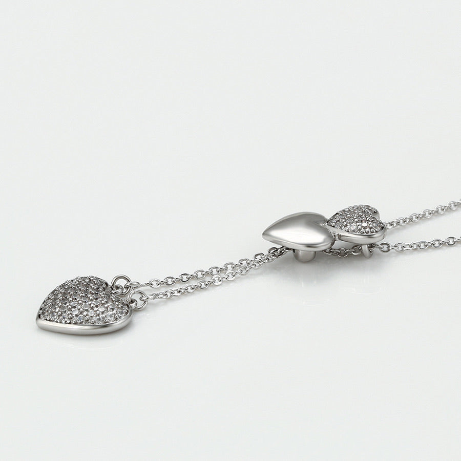 Rhodium Plated Cz Diamond Hearts Necklace