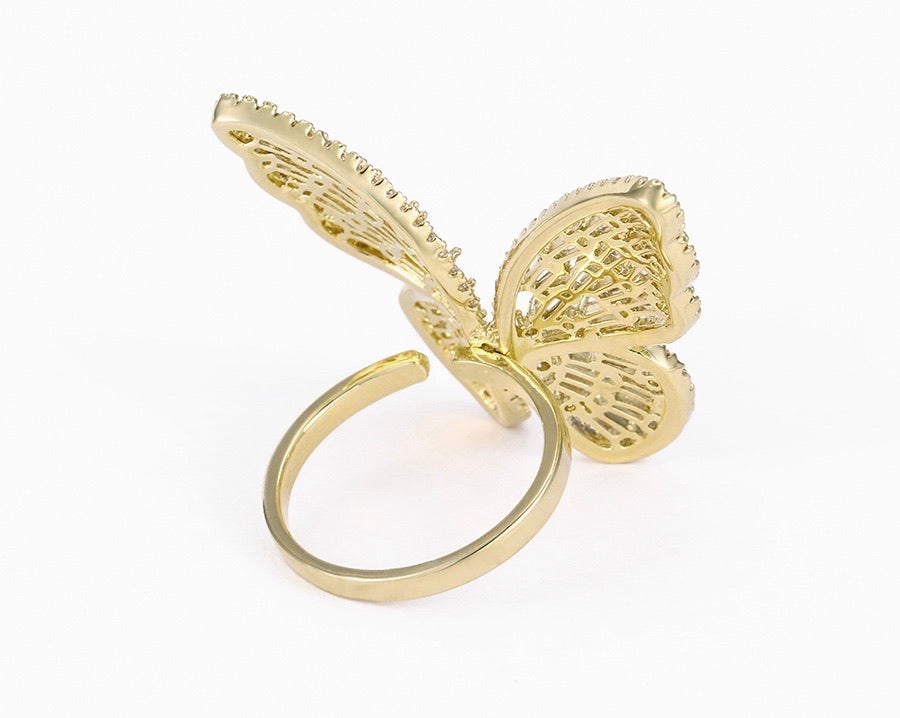 14K Gold Plated CZ Diamond Butterfly Ring