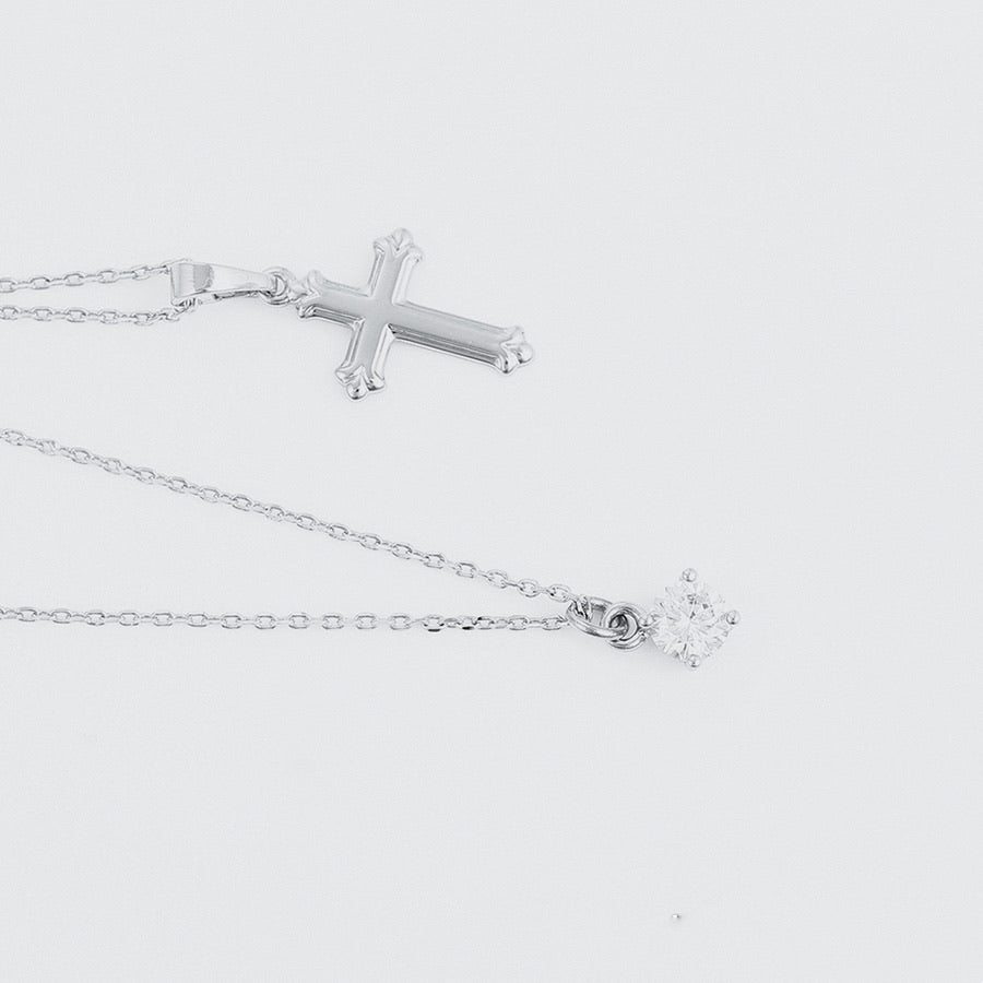 Rhodium Plated Cz Diamond Cross Layered Necklace