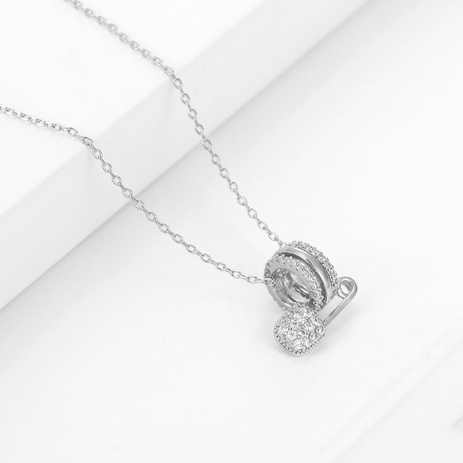 Modern Design Cz Diamond Safety Pin Rhodium Plated Necklace