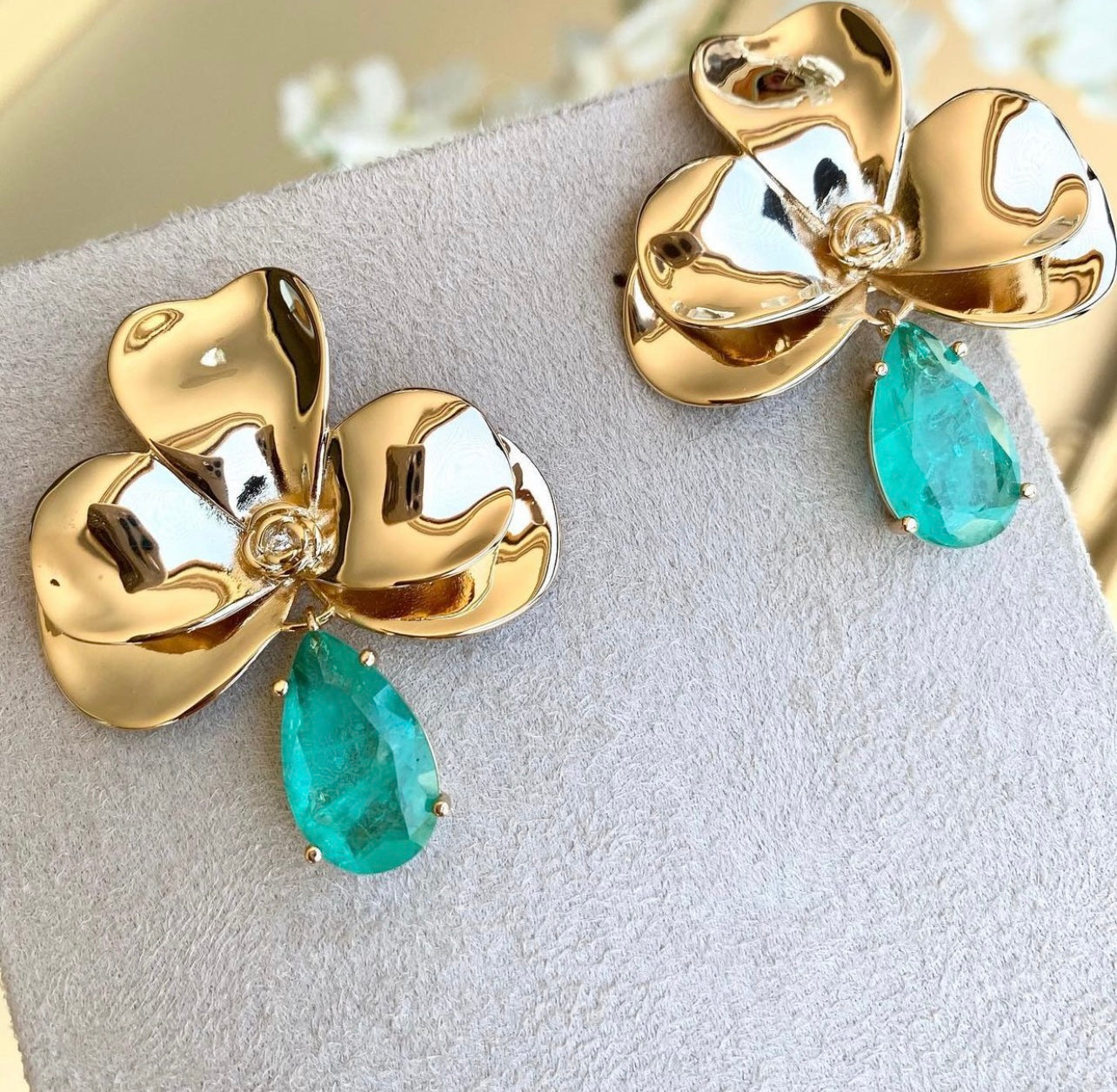 18K Gold Plated Orchid Earring With Paraiba Tourmaline Stone