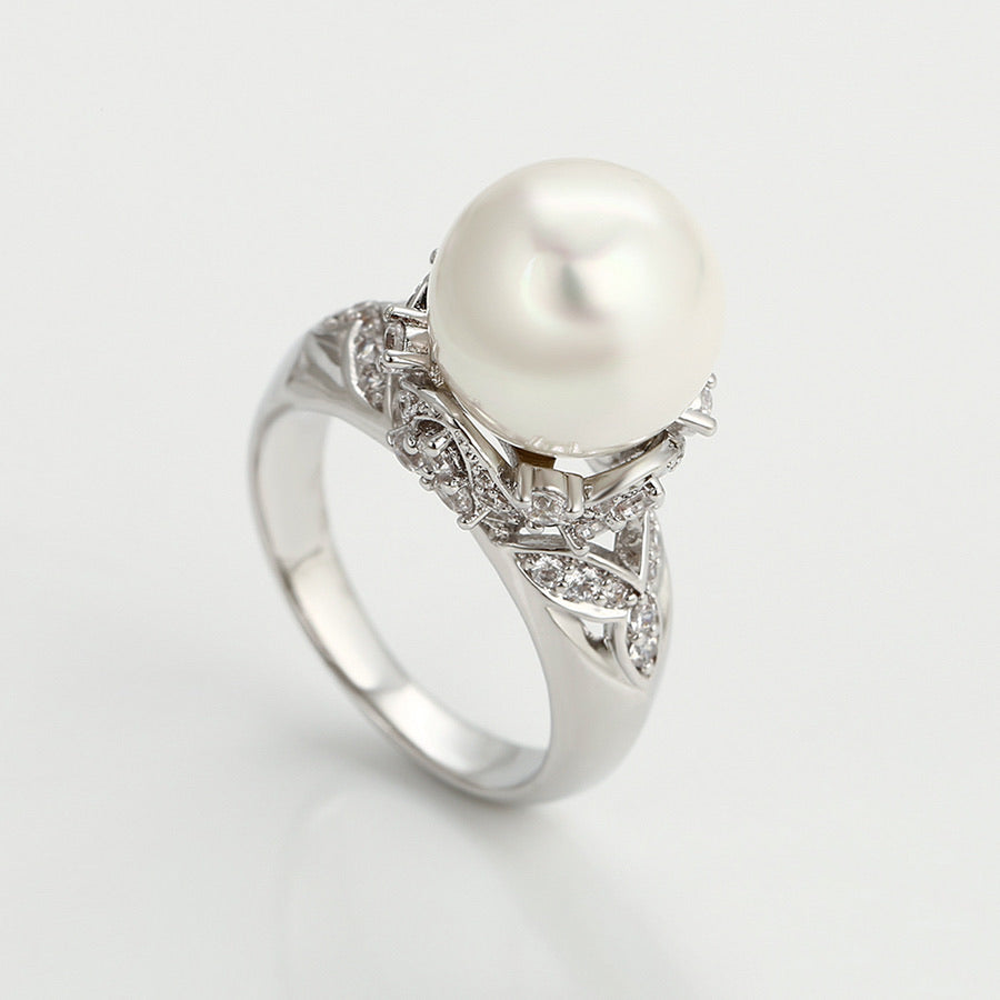 Elegant Pearl & CZ Diamond Rhodium plated Ring