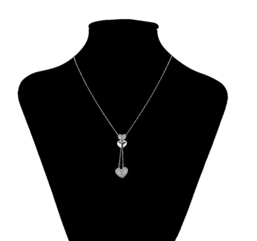 Rhodium Plated Cz Diamond Hearts Necklace