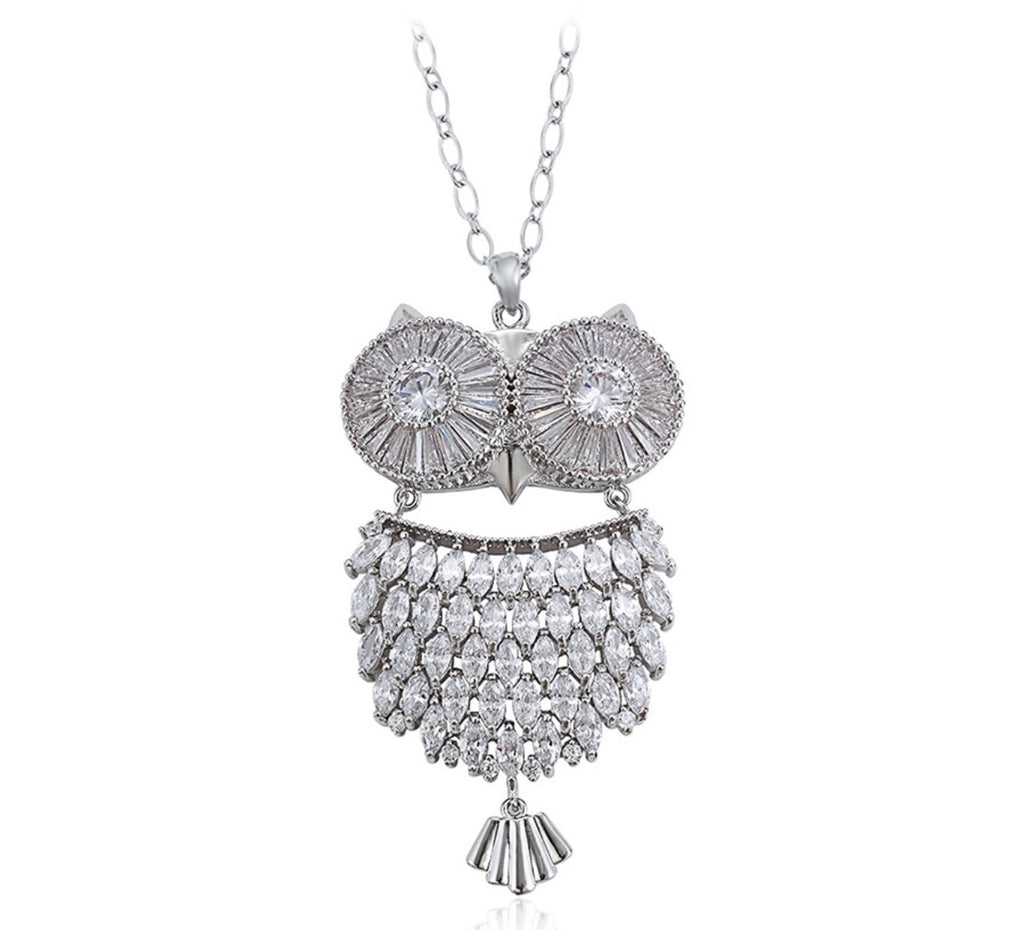 Rhodium Plated CZ Diamond Owl  Necklace