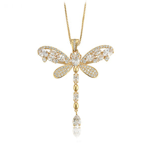 14K Gold Plated Cz Diamond Dragonfly Necklace