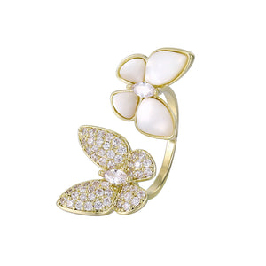 14k Gold Plated CZ Diamond & Mother of pearl Two Butterfly Ring
