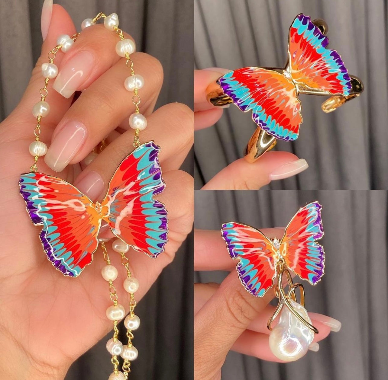 Italian Hand Painted Enamel Butterfly 18K Gold Plated Pearl Necklace