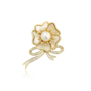 Elegant 14K Gold Plated Mother Of Pearl & Cz Diamond Floral Brooch