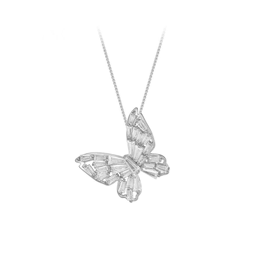 Rhodium Plated Cz Diamond Butterfly Necklace