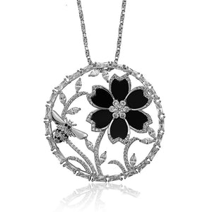 Rhodium plated Cz Diamond Bee & Flower Necklace