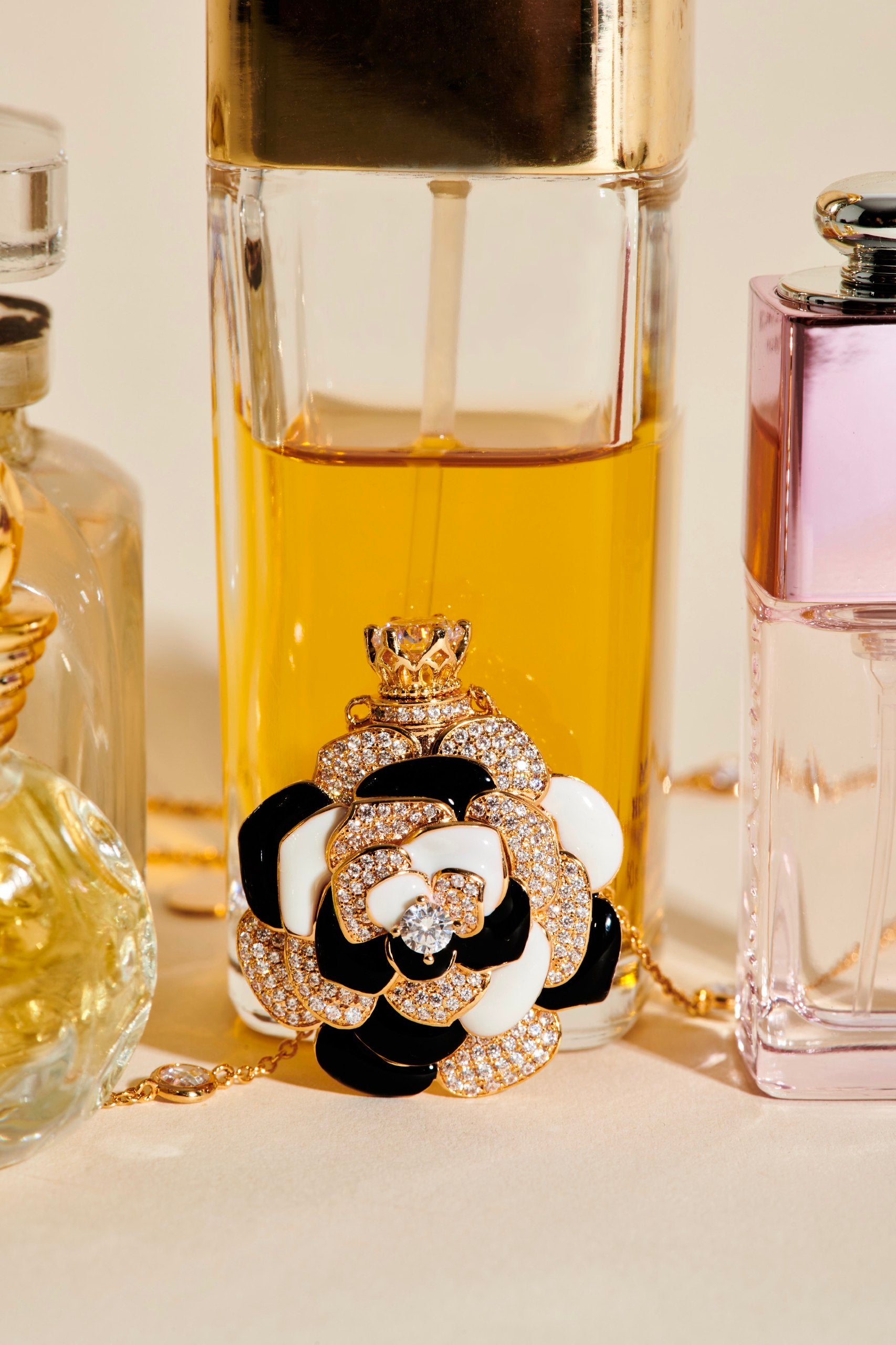Perfume Bottle Hand Painted Italian Enamel & Cz Diamond Flower Necklace