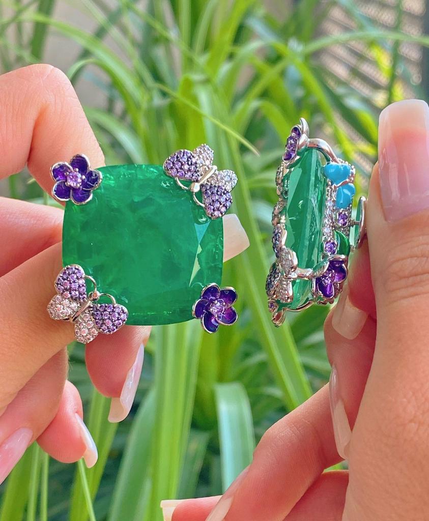 Unique Butterfly & Flower Design Emerald Earring With Ear Cuff