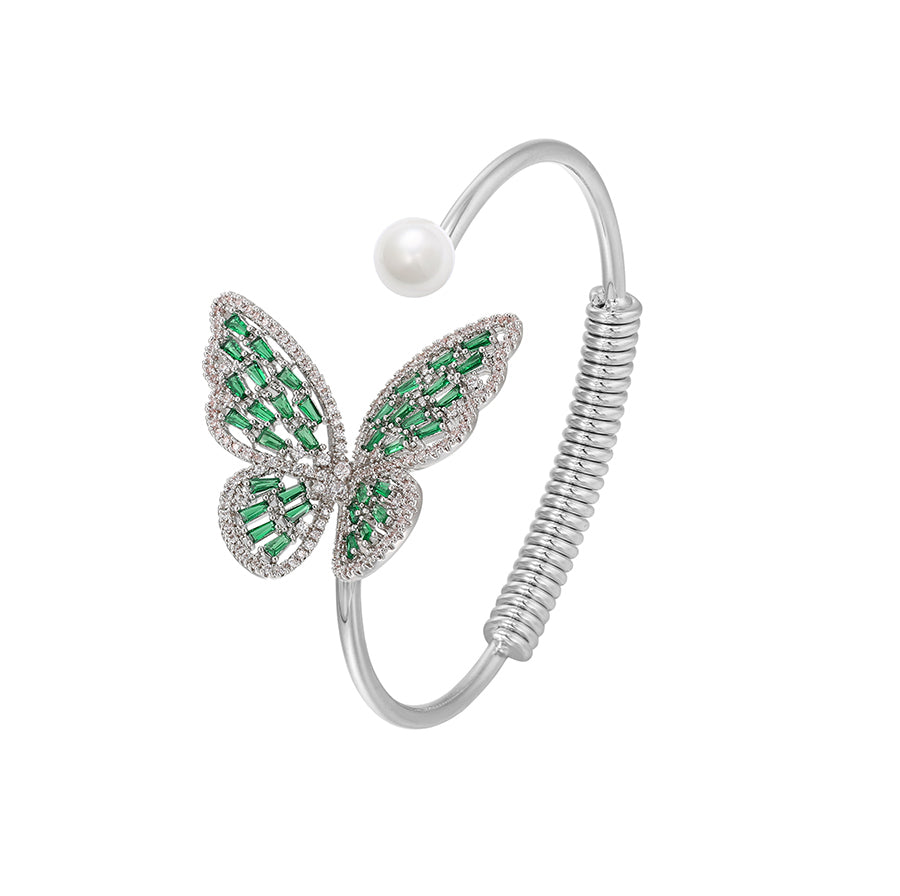 Silver Plated Green  Diamond & Pearl Butterfly Bracelet