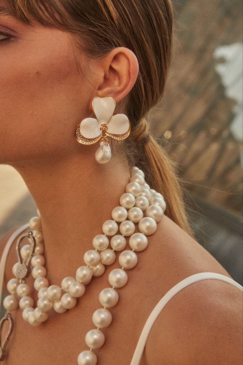 Italian White Enamel Freshwater Pearl & Cz Diamond 18K Gold Plated Orchid Earring