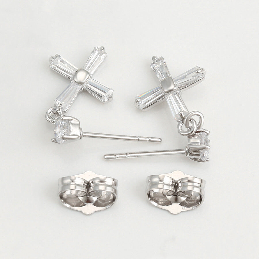 Rhodium Plated CZ Diamond Cross Earring