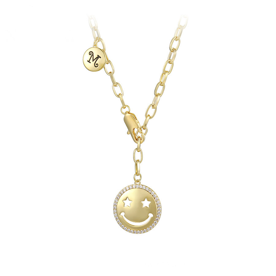 14K Gold Plated CZ Diamond Smile Emoji & Initial M necklace