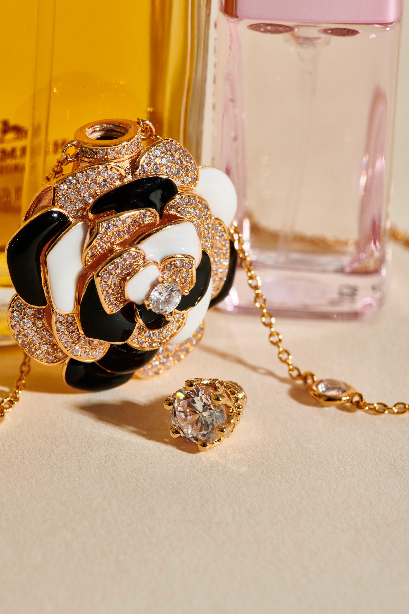 Perfume Bottle Hand Painted Italian Enamel & Cz Diamond Flower Necklace