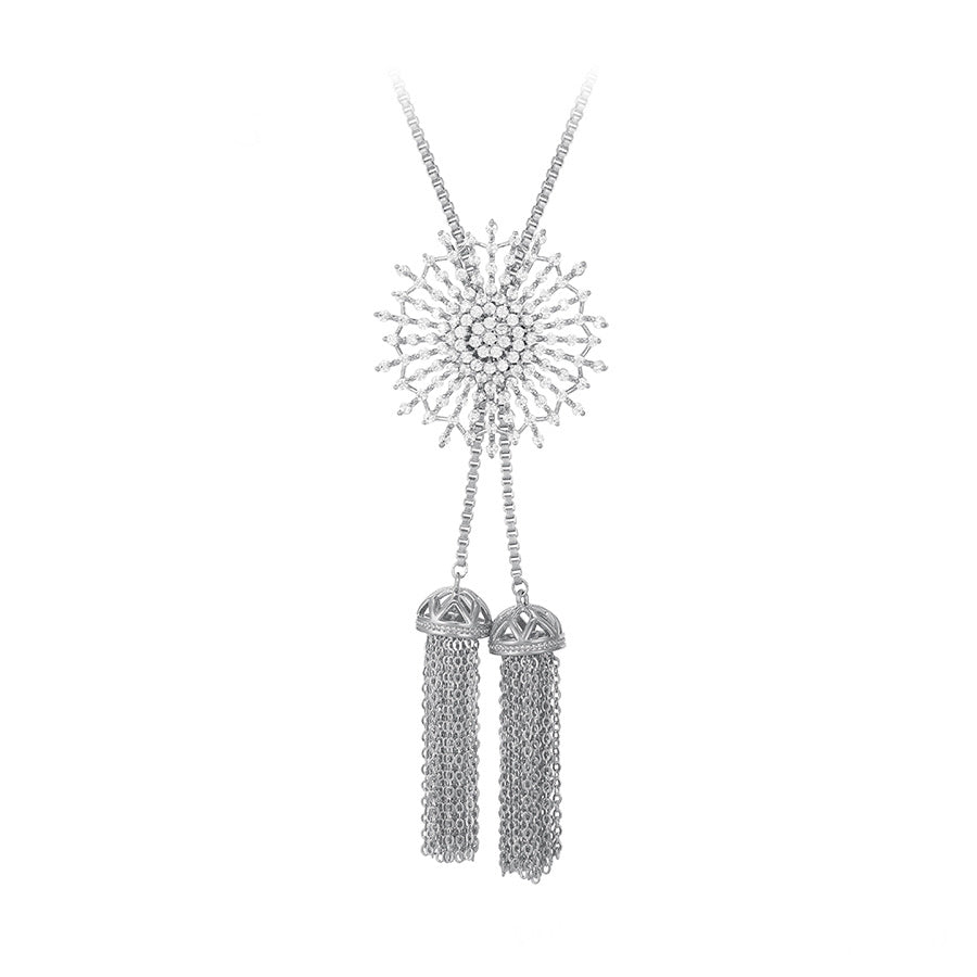 Stunning Diamond Sun Tassel Rhodium Plated Necklace