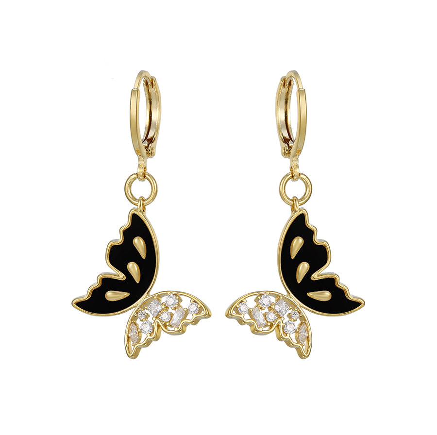 14K Gold Plated Onyx & Cz Diamond Butterfly Earring