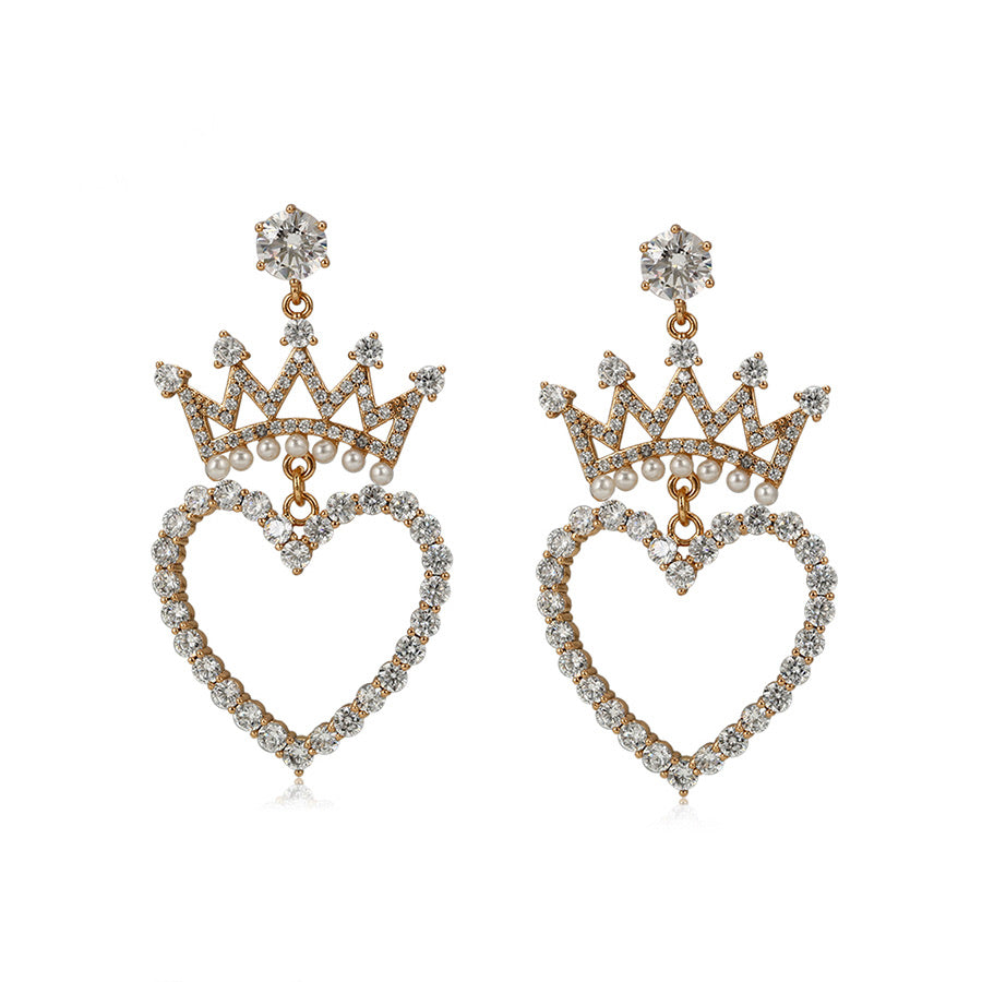18K Gold Plated Cz Diamond Heart & Pearl Crown Earring