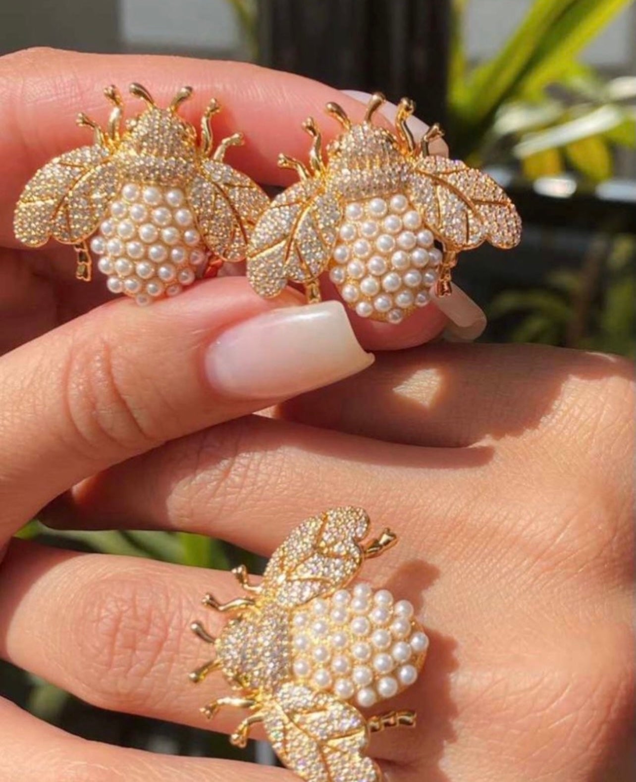 18K Gold Plated Pearl & Cz Diamond Bee Earring