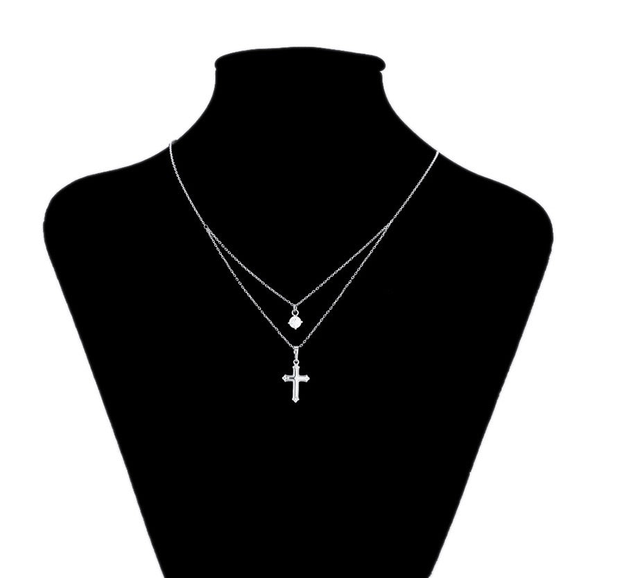 Rhodium Plated Cz Diamond Cross Layered Necklace