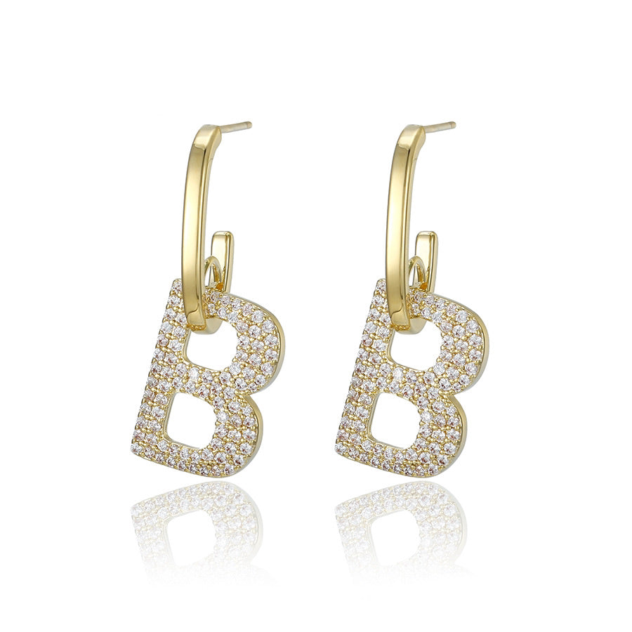 14K Gold Plated CZ Diamond Initial B Earring