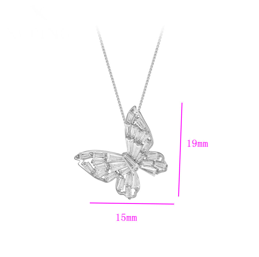 Rhodium Plated Cz Diamond Butterfly Necklace