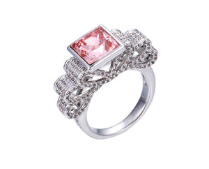 Elegant Rhodium Plated Pink Stone Ring