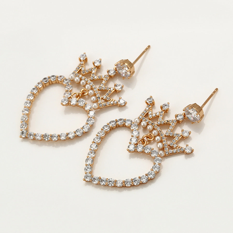18K Gold Plated Cz Diamond Heart & Pearl Crown Earring