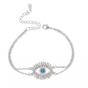 Rhodium Plated Cz Diamond Turquoise Eye Bracelet